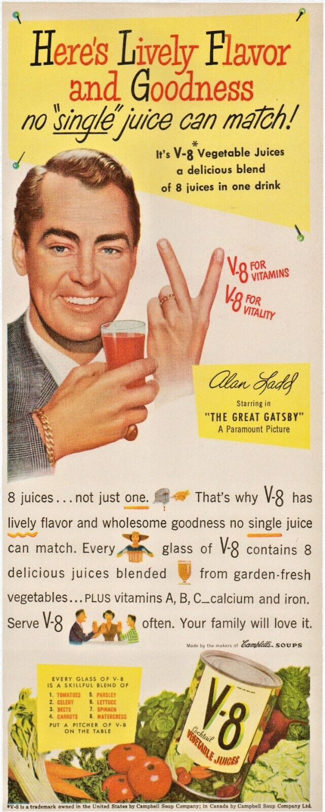 1949 V-8 Vegetable Juices, Alan Ladd In An Advertisement, Can Vintage Print Ad