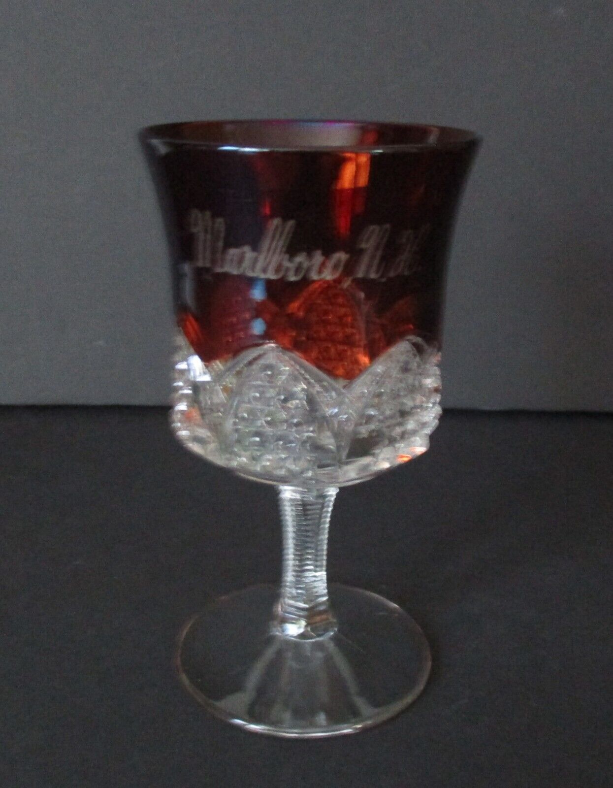 Early 20th Century Souvenir Red Glass Goblet Marlborough Marlboro New Hampshire