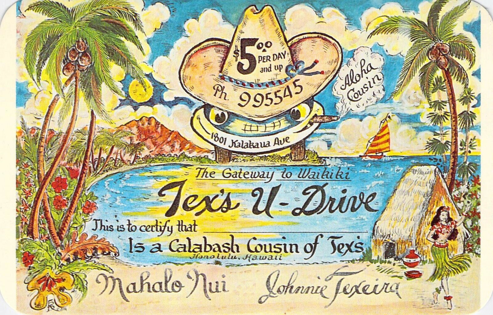original HI Honolulu Tex\'s U-Drive 1960 $5 per day dexter press postcard C82