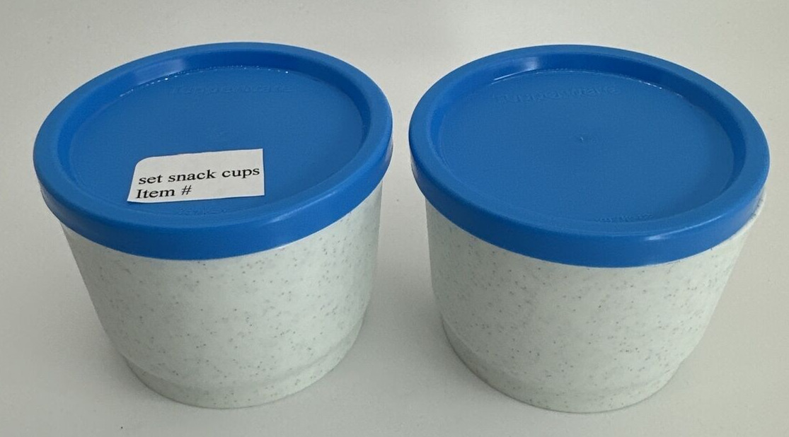 New Vintage Tupperware Snack Cups 4 oz.  Gray Speckle with Blue Seals Set of 2