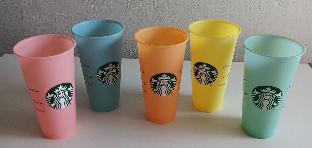 Lot of 5 NEW Starbucks 24 oz Venti Reusable Cups Pink Green Blue Orange Yellow 