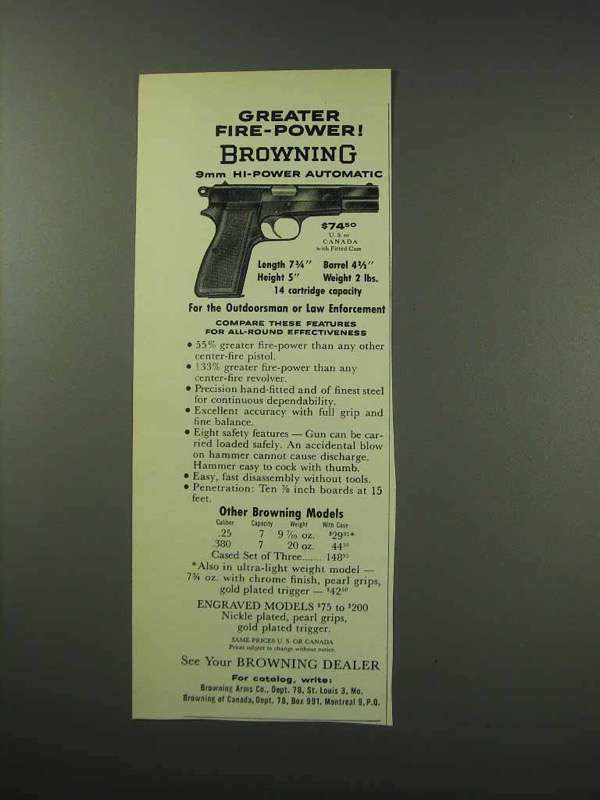 1959 Browning 9mm Hi-Power Automatic Pistol Ad