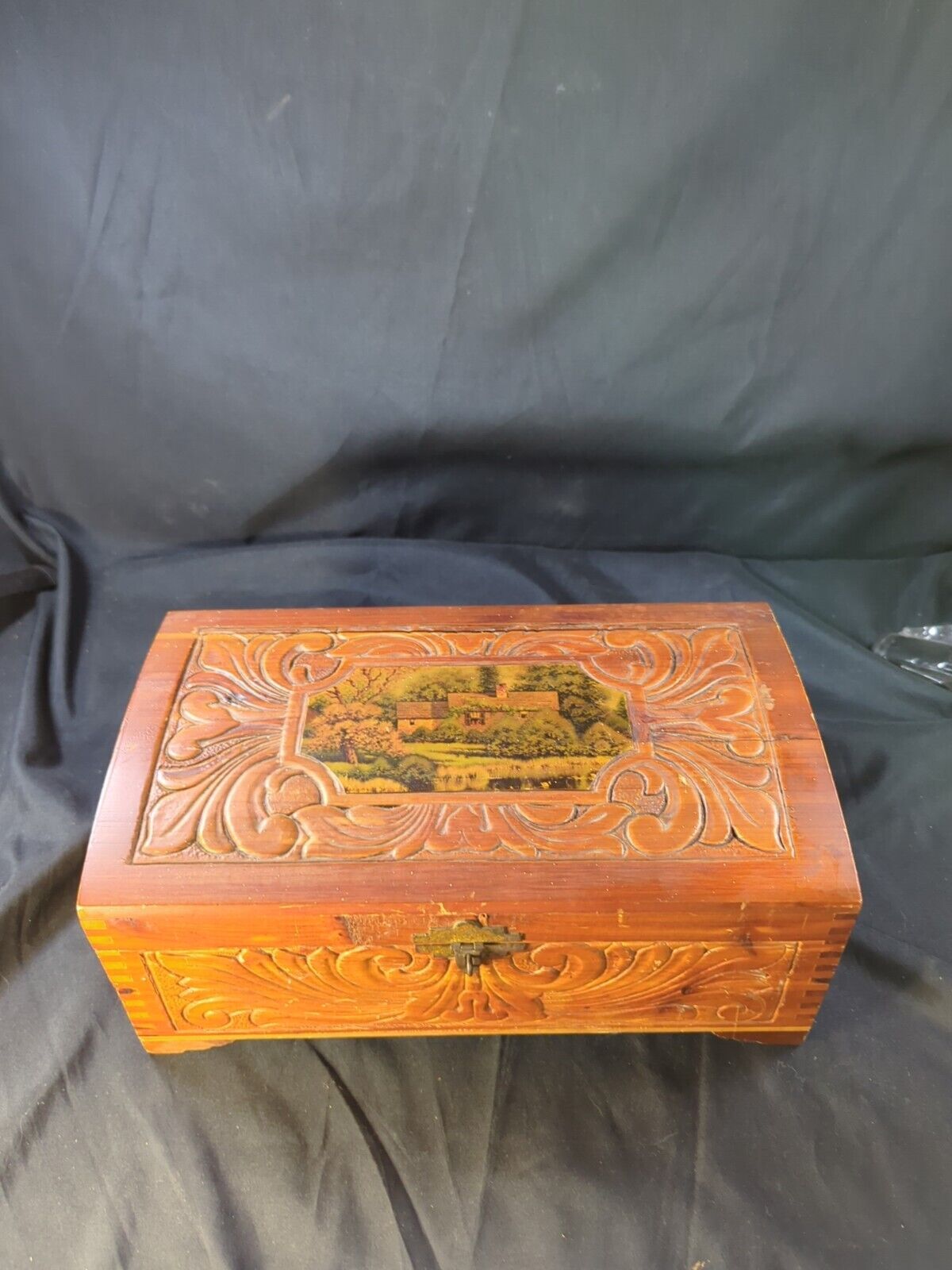 Vintage Hand Carved Wood Treasure Jewelry Box Mural Lid Footed Gold Frame Mirror