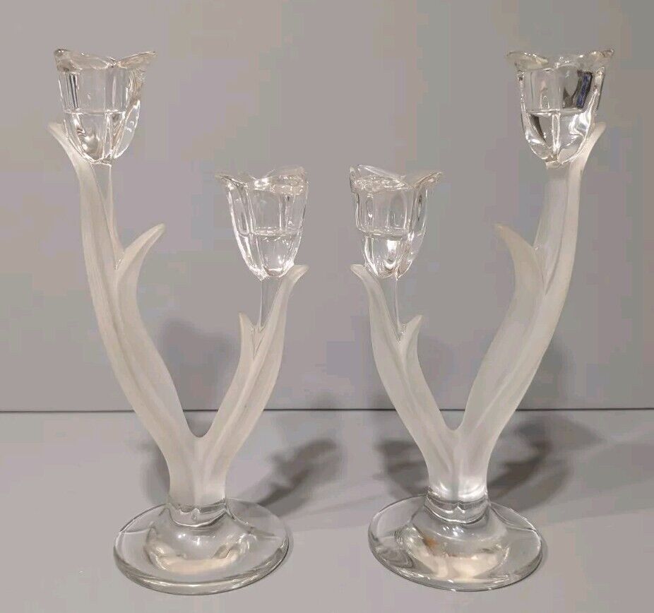 Set of 2 Vintage Mikasa Spring Aria Tulip Stem Candle Taper Holder Glass Frosted