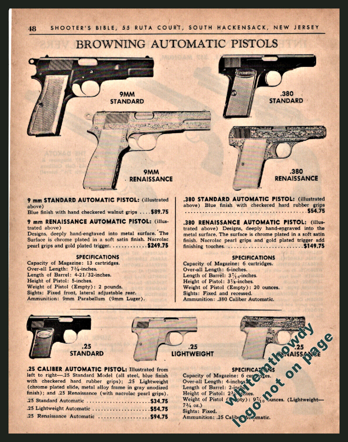 1966 BROWNING Nomad Challenger and Medalist Pistol AD w/specs orig prices