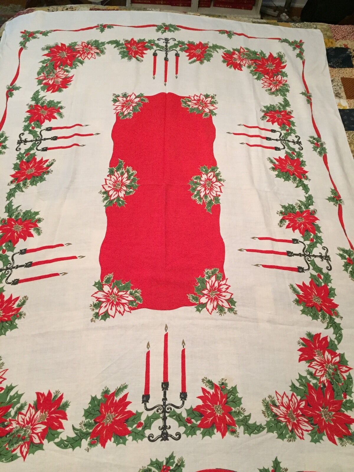 Vtg Christmas Table Cover Cloth silk Screen Print Candelabra Poinsettia 65x48\'\'