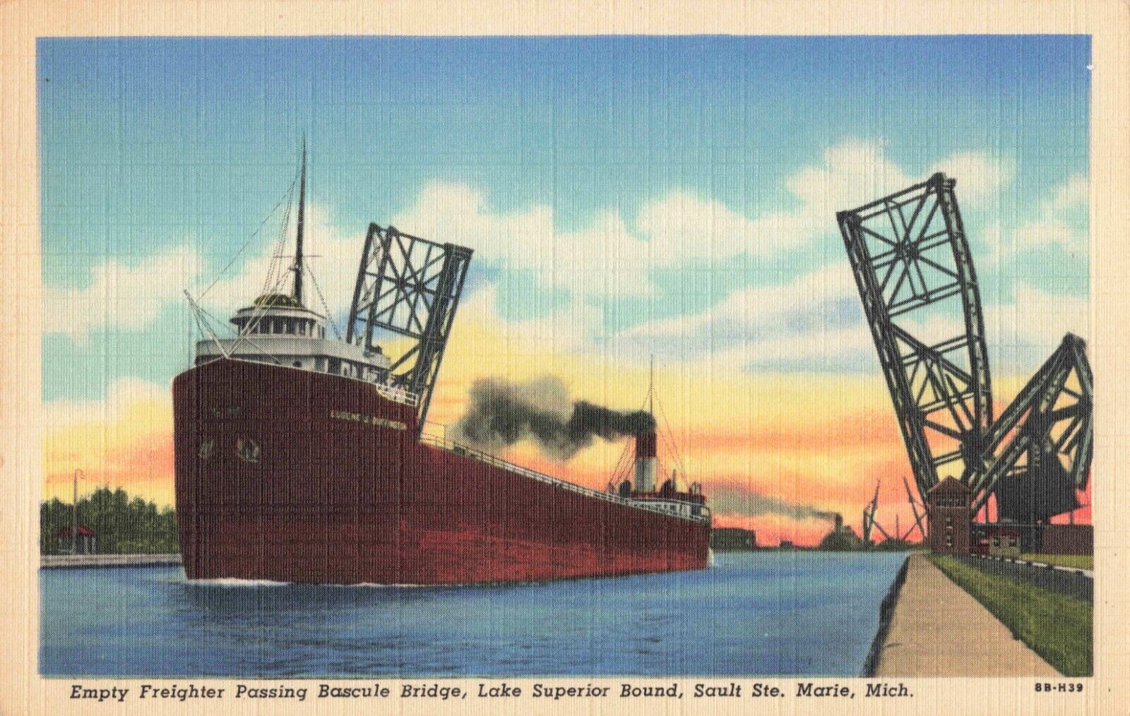 Sault Ste Marie MI Michigan Empty Freighter Ship Bascule Bridge Vintage Postcard