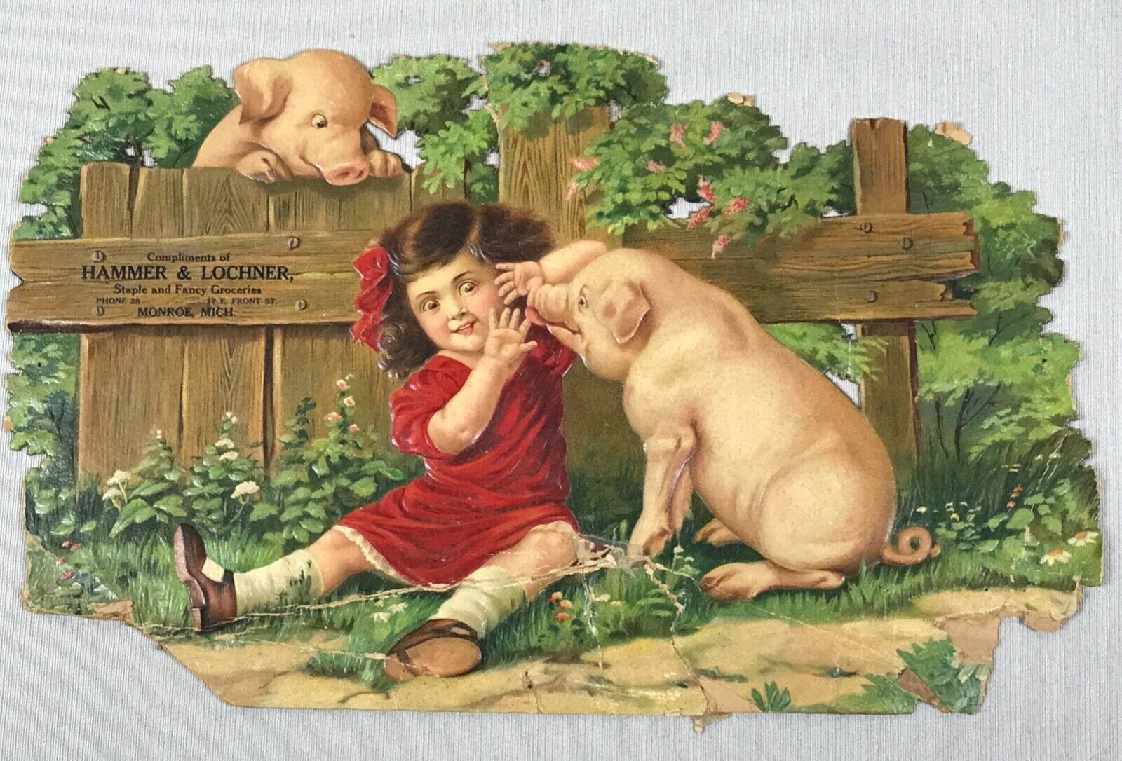 Victorian Girl w/Pigs by Fence PAPER ADVERTISING SIGN, Grocery Monroe, MI,  15\