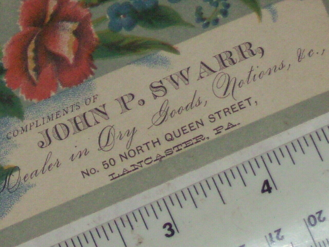 1800\'s John P. Swarr, Dealer in Dry Goods Victorian trade card, Lancaster, Pa. 