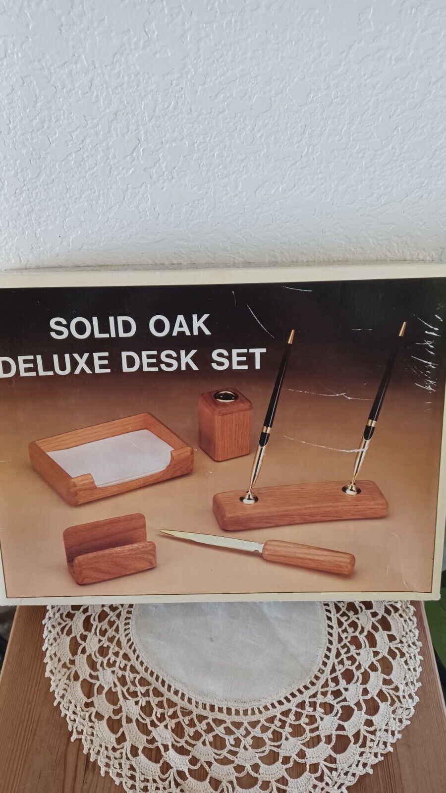 Vtg Solid Oak Deluxe Desk Set 7 Piece Set