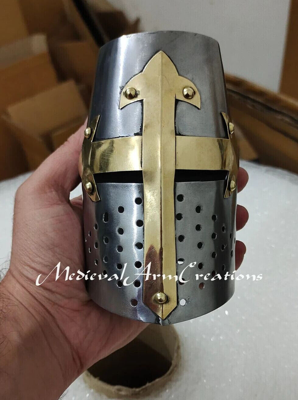 Mini Medieval Knight Templar Metal Crusader Decorative Helmet W/ mason\'s cross
