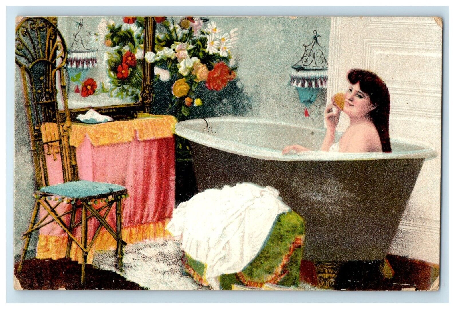 Girl In Bath Comfort Room Interior Chair And Flowers Unposted Postcard