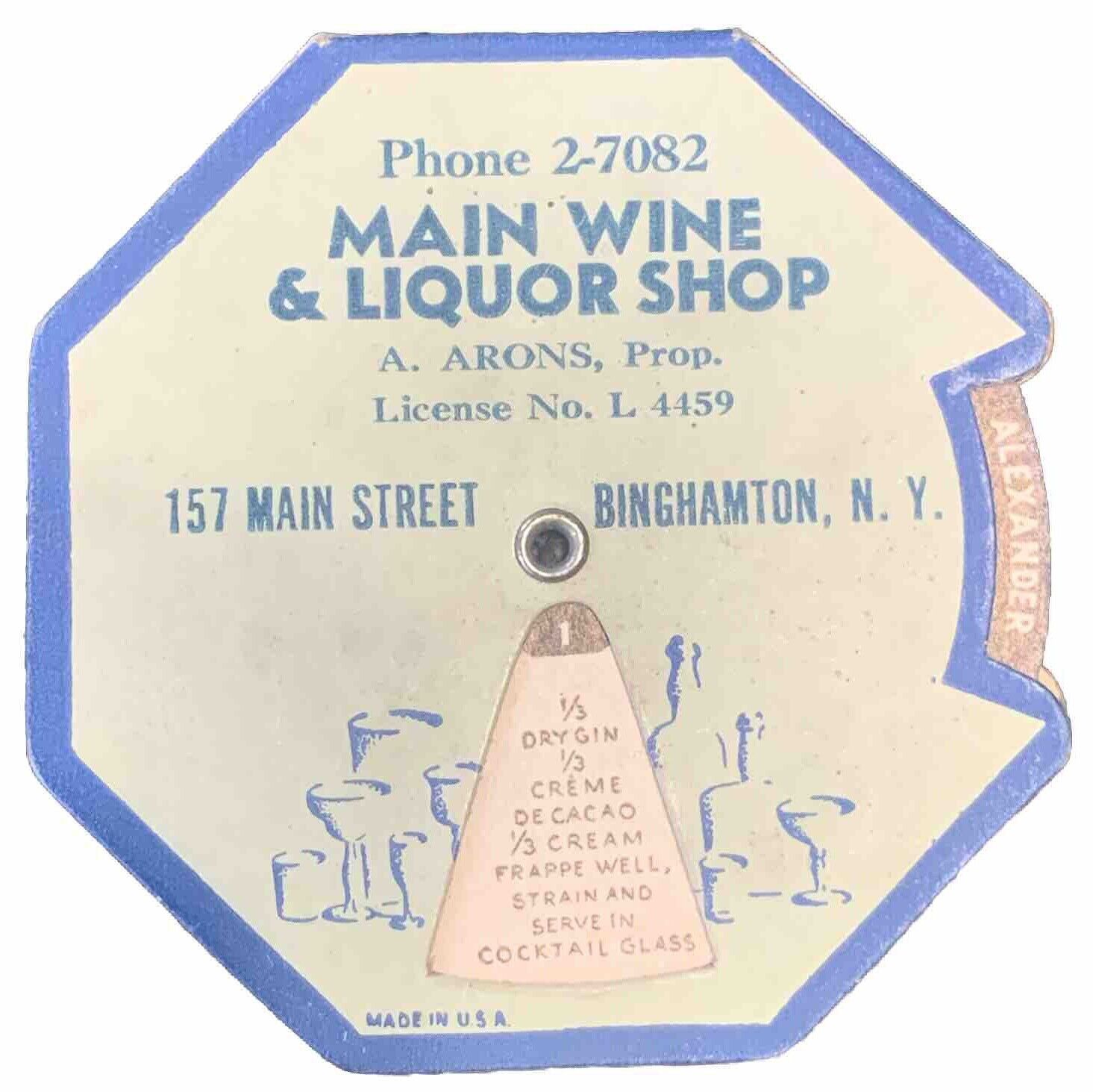 Vintage c1939 Main Wine & Liquor Shop 20 Recipes Spin Card Est1935 Binghamton NY