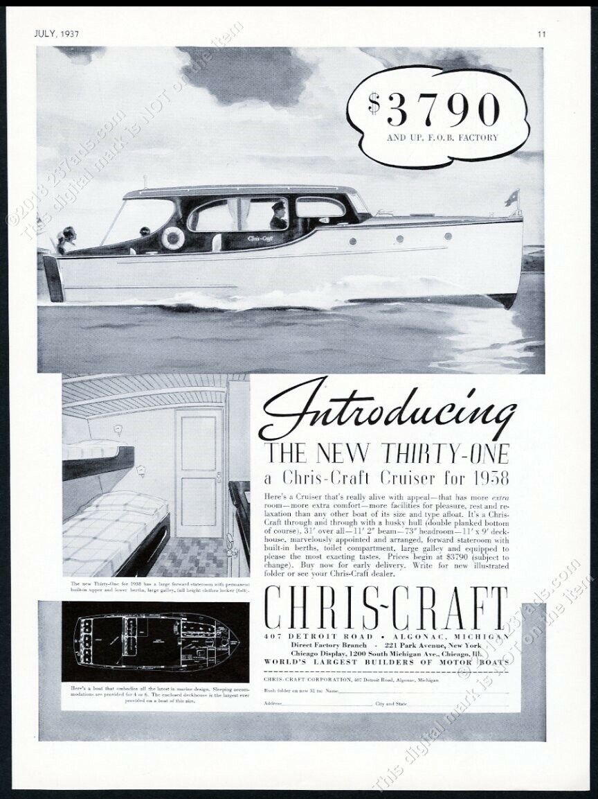 1937 Chris Craft 31\' enclosed cruiser boat art vintage print ad