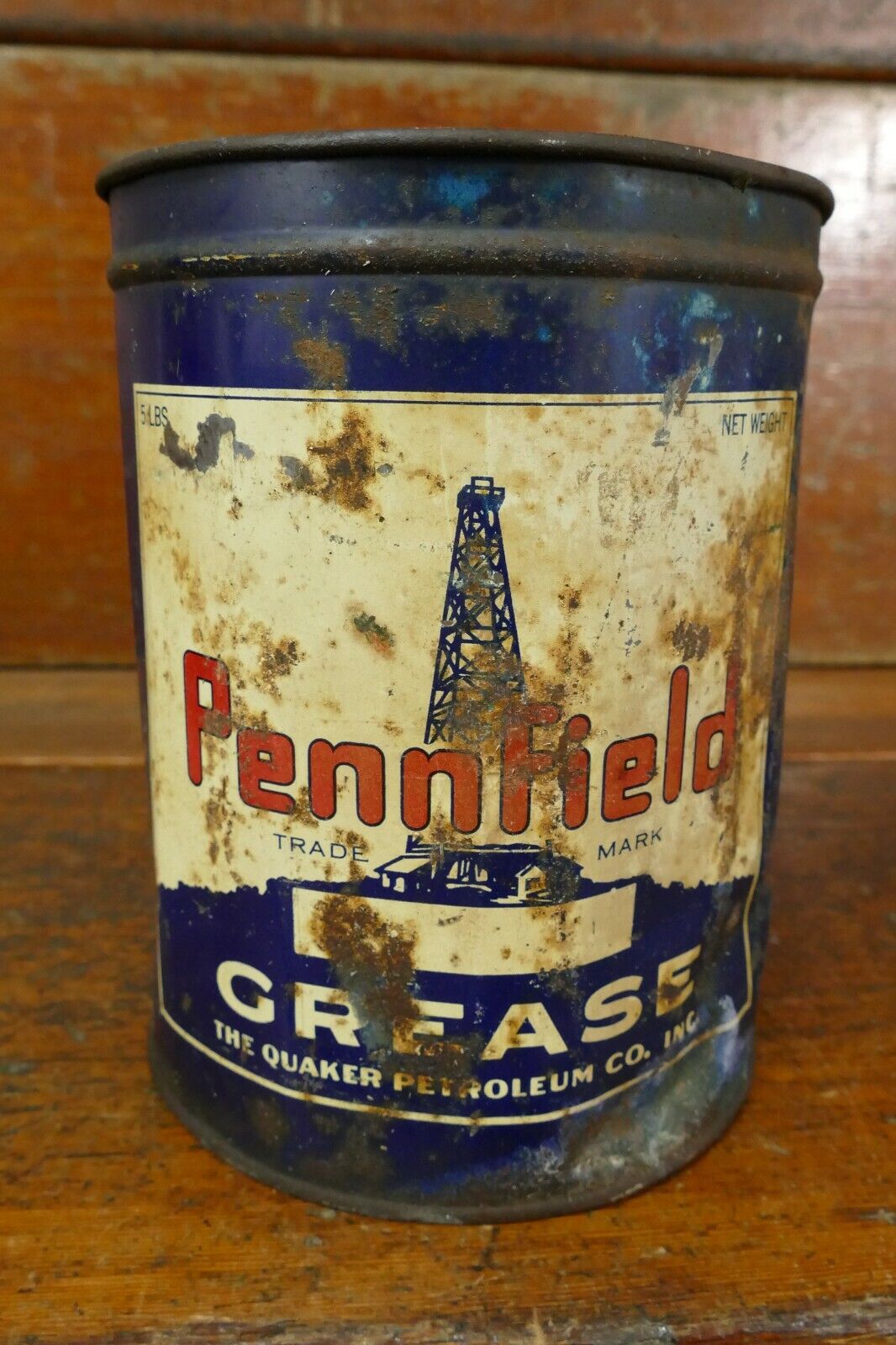 RARE Vintage PENNFIELD 5lb Metal Grease Oil Can - Empty - Quaker Petroleum Co