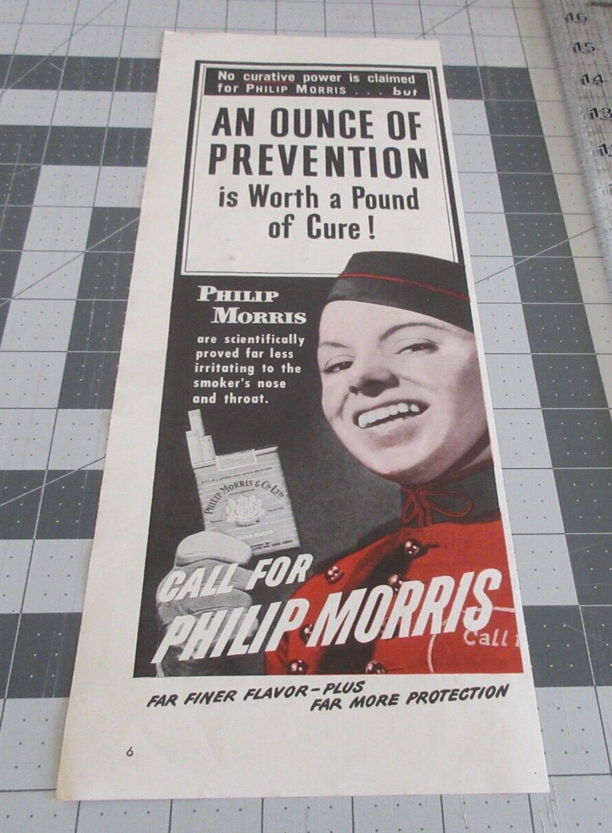 1945 Philip Morris: An Ounce of Prevention Vintage Print Ad