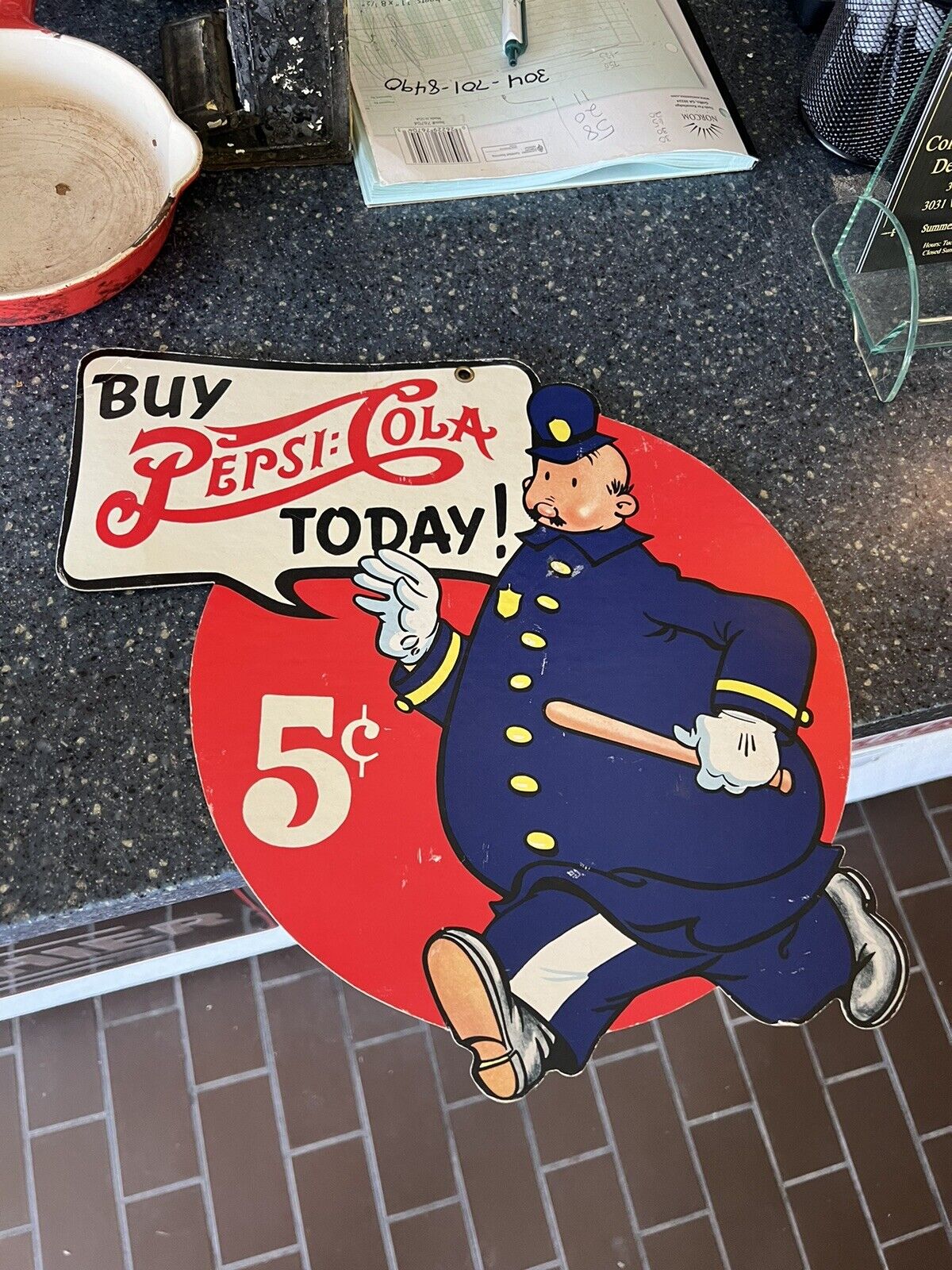 Original 1940’s Pepsi-Cola Double-Sided Die-Cut Fan Pull Sign Keystone Cops