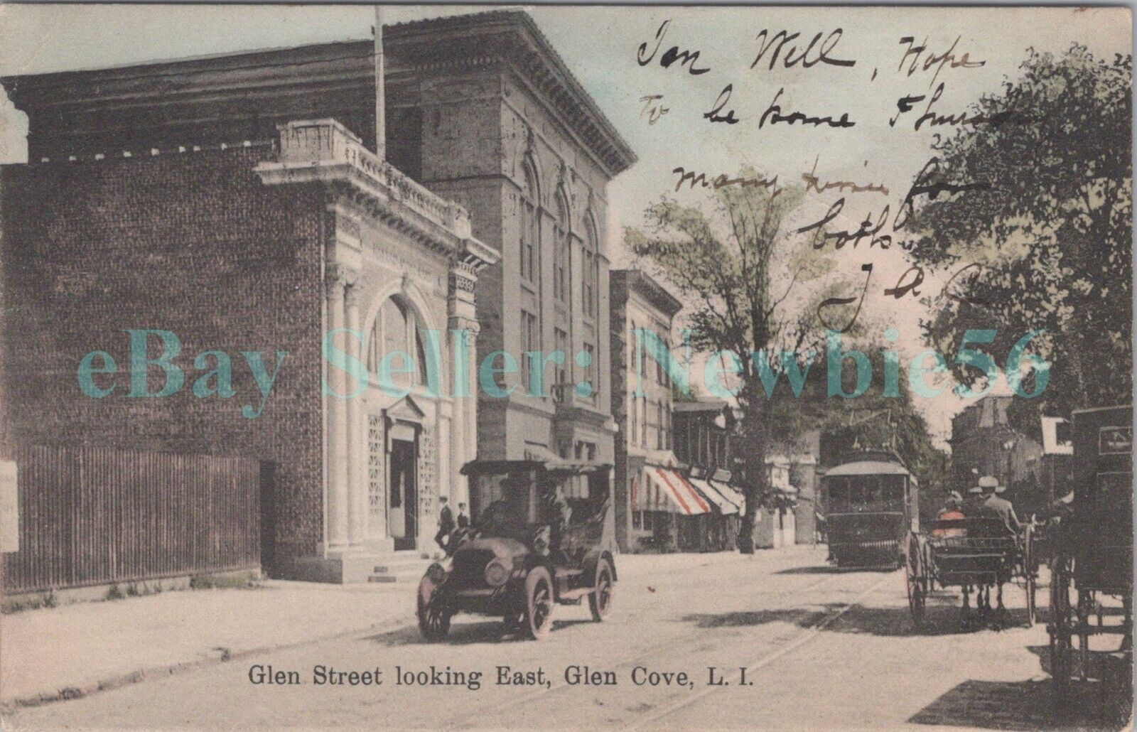 Glen Cove LI NY - EARLY AUTO & TROLLEY ON GLEN STREET EAST - Postcard