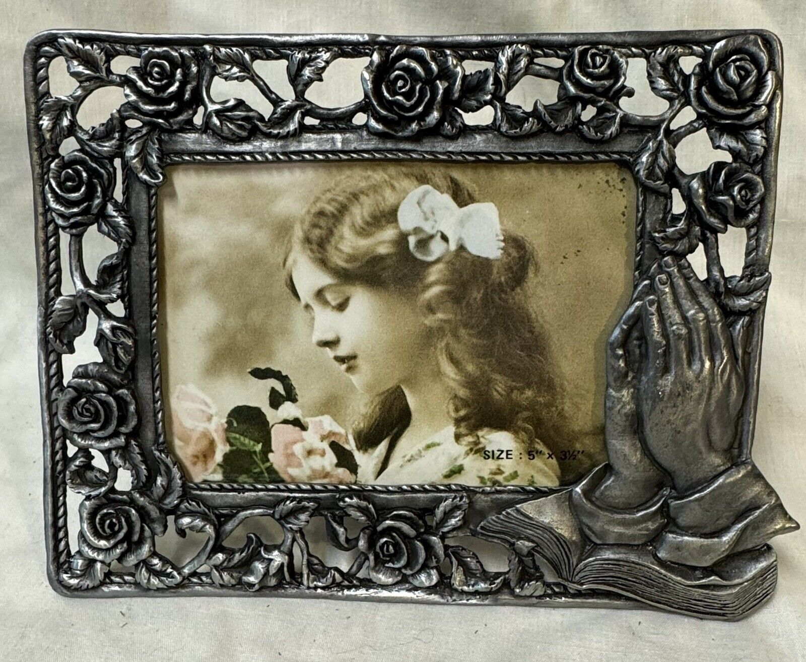 Sun Pewter Praying Hands & Roses Easel Picture Frame 5” x 3-1/2” Photo