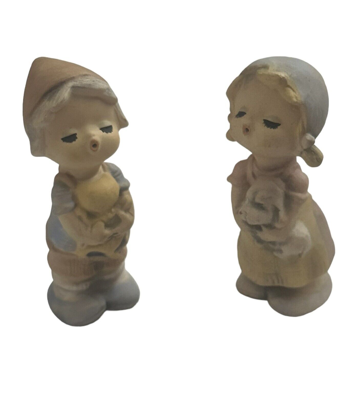 2 Vtg UCTCI Japan Little Girl W/ Puppy And Boy Puckering Bisque Figurines 5.5\