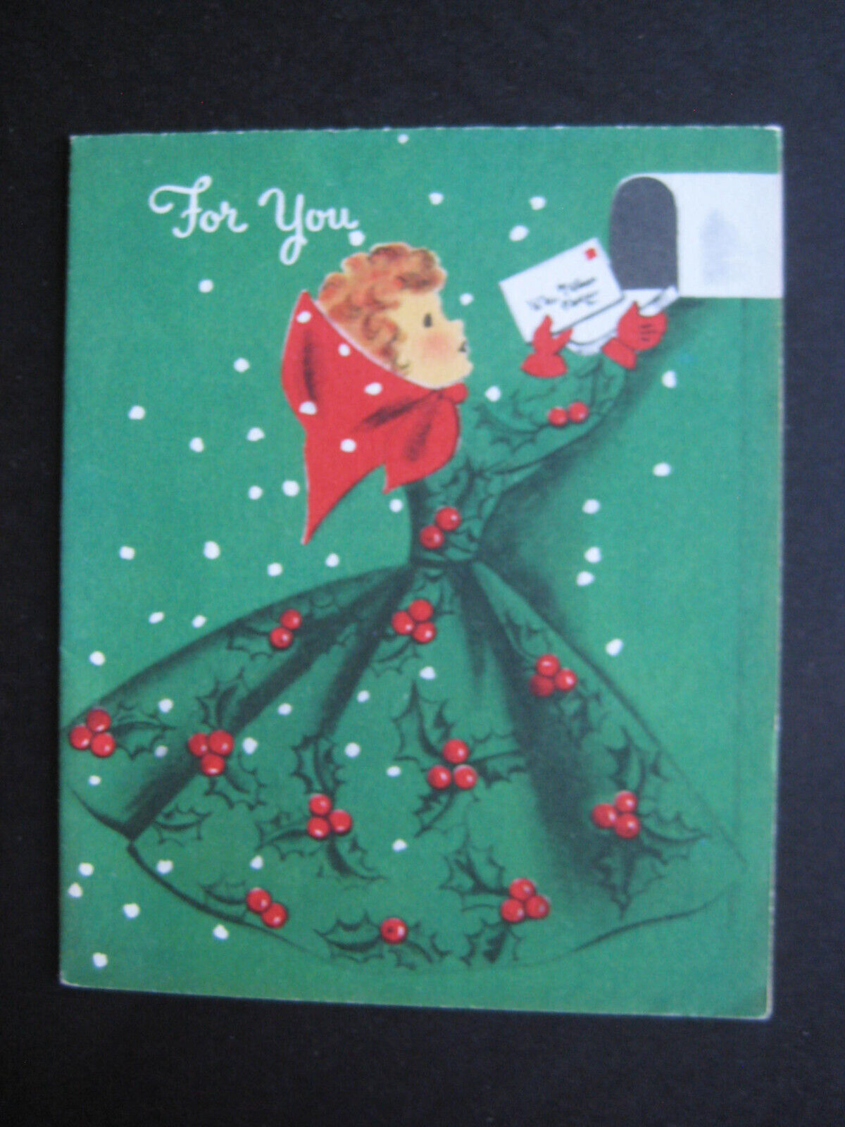 1950s vintage greeting card Norcross CHRISTMAS Girl in Holly Dress Mails Letter