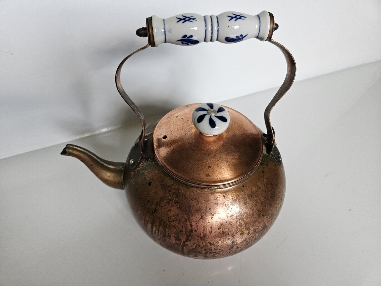 Vintage Copper Tea Kettle / Tea Pot / Porcelain Handle / Blue 