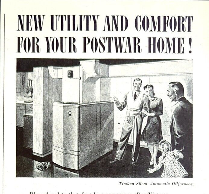 1944 Timken Automatic Oil Furnace Post WWII Print Ad Mother Father Child