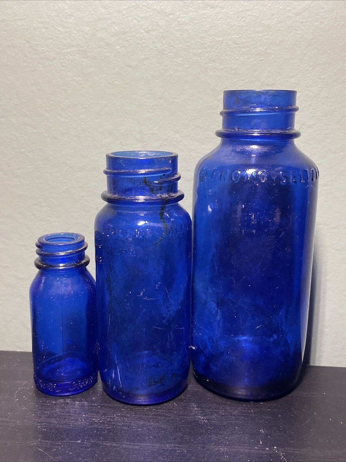 Vintage Bromo-Seltzer Embossed Cobalt Glass Bottle - Screw Tops - Emerson Drugco