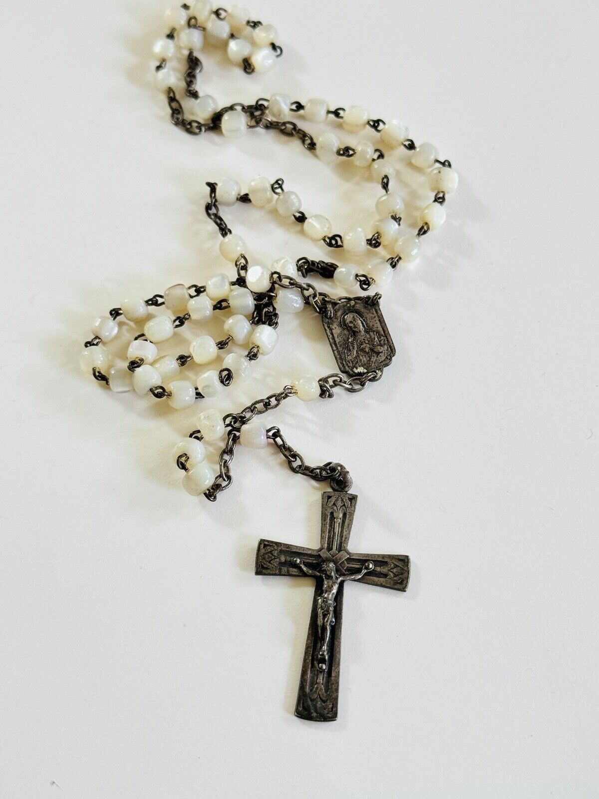 VTG Italy Catholic Rosary Mother Of Pearl Beads Sterling Silver 925 Beaded Roma