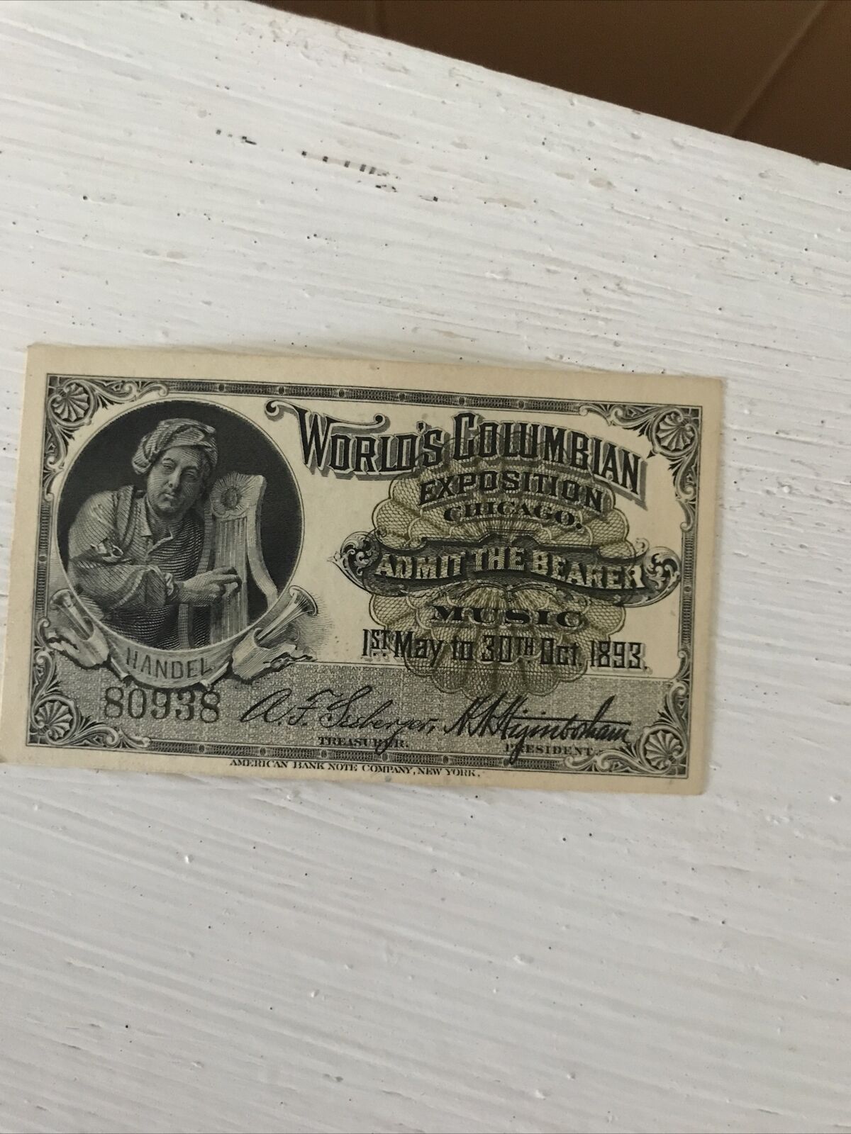 World’s Columbian Expo 1893 Chicago Handel Ticket Admit The Bearer
