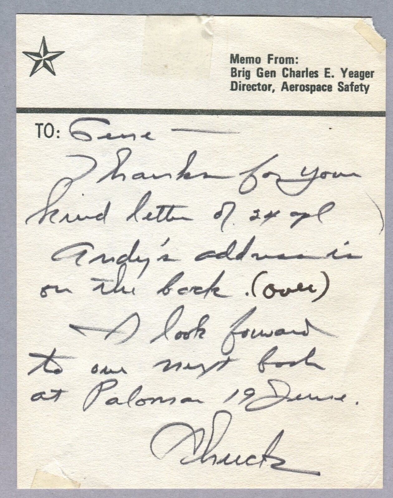 Chuck Yeager Signed note to Red Baron Gene Kropf - WWII Ace Bud Anderson Address