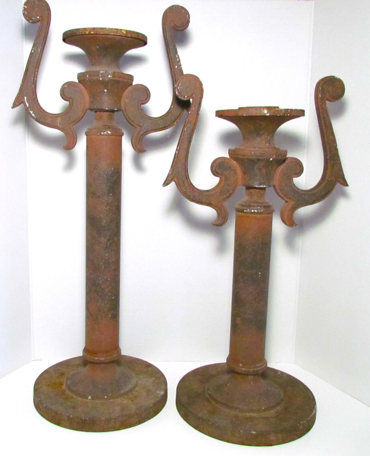 VINTAGE PAIR OF LARGE IRON MEDIEVAL STYLE CANDLE HOLDERS 19 & 22.5 INCHES
