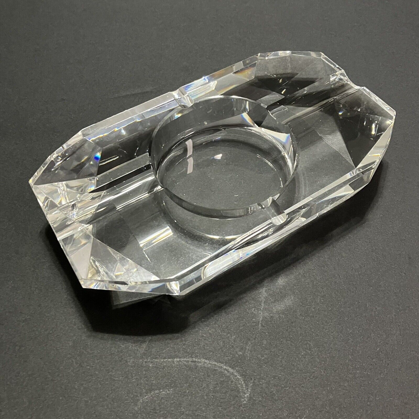 Faceted Diamond Cut Crystal Ashtray Oblong Art Deco Cigarette and Cigar Glass
