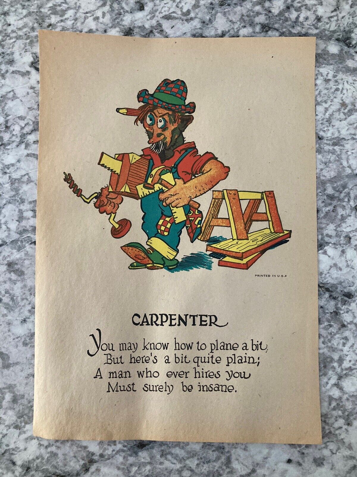 Vinegar Valentine “Carpenter” 7”x10” Vintage Lithograph Original