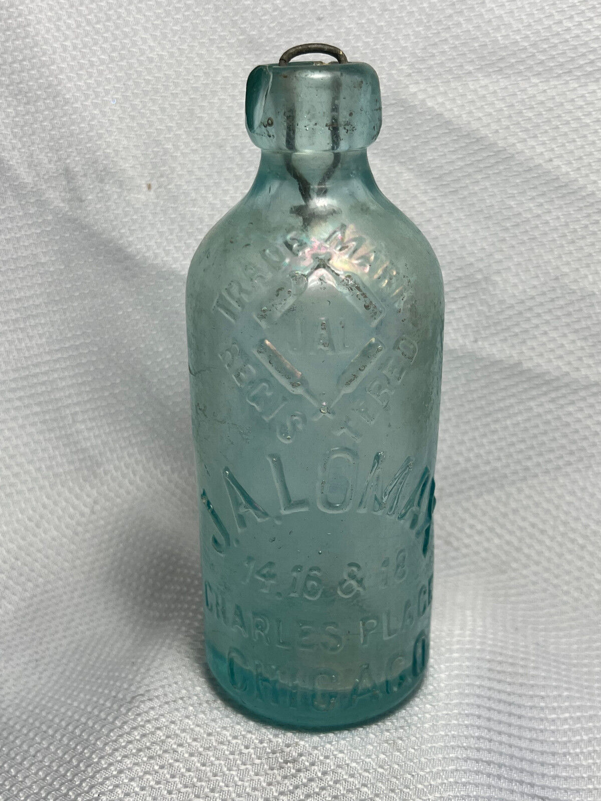 Antique Aqua Blue J.A. Lomax Blob Top Glass Soda Bottle Charles Place Chicago 
