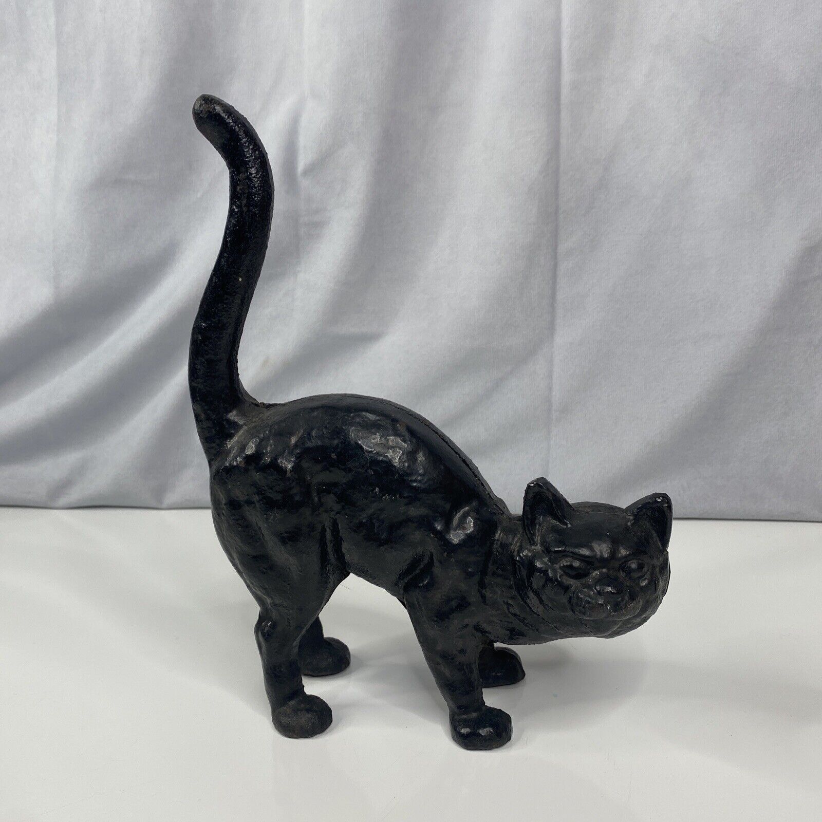 Vintage Black Cat Heavy Doorstop Cast Iron Hubley Style Arched Back Tail Up 11\
