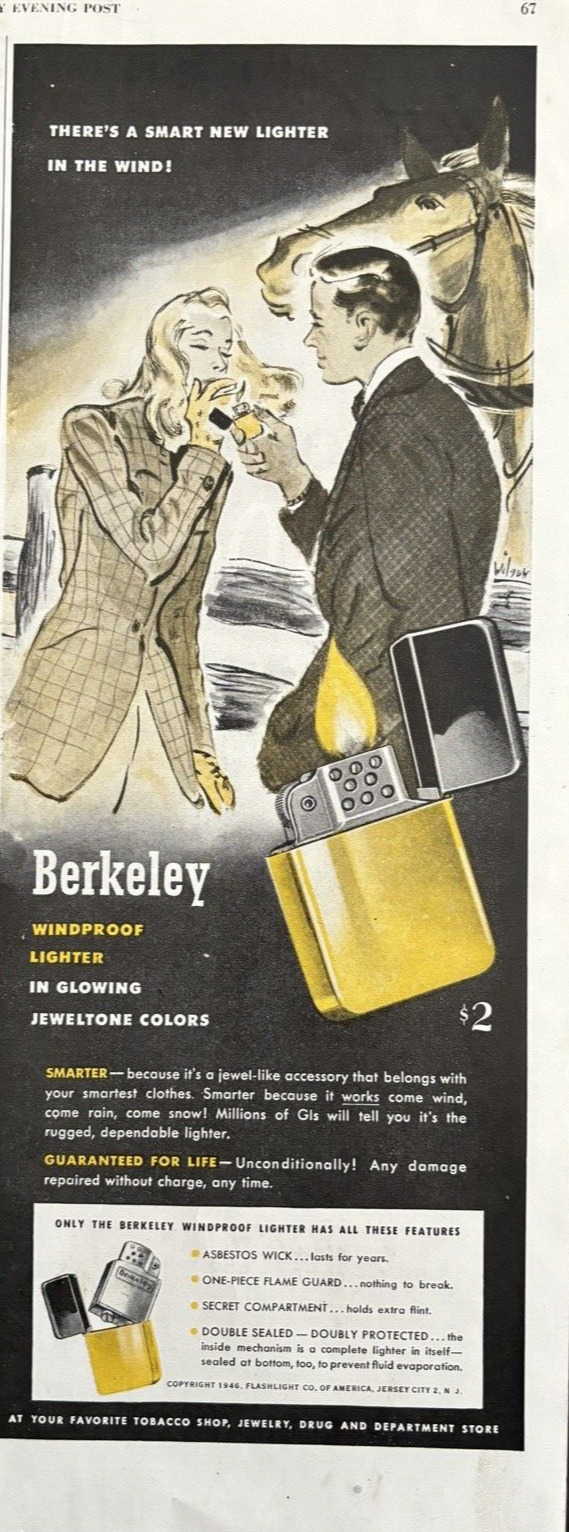 Berkeley Lighter Windproof Double Sealed Asbestos Wick Vintage Print Ad 1946