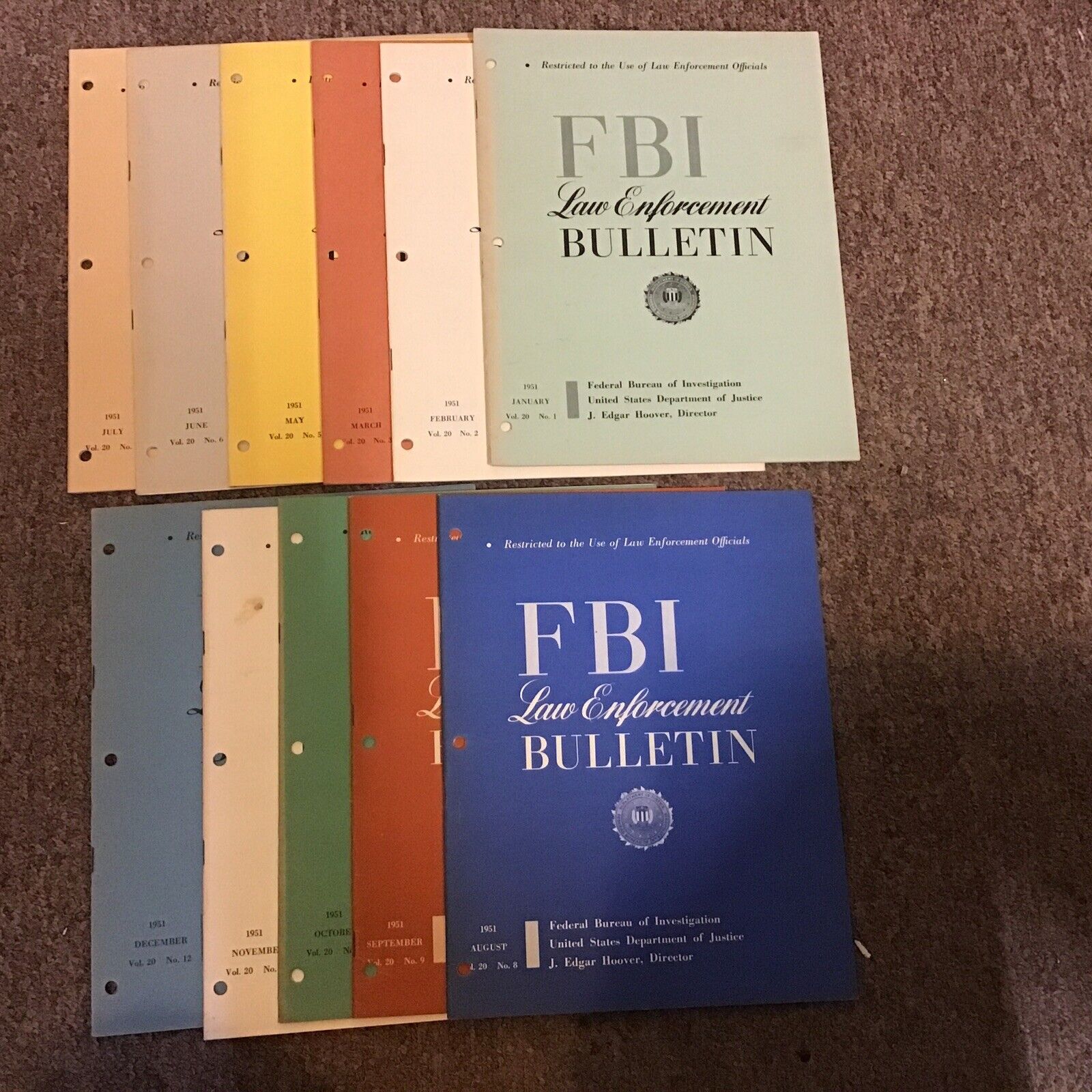 Lot of 11   FBI Law Enforcement Bulletins Hoover Jan-Dec 1951