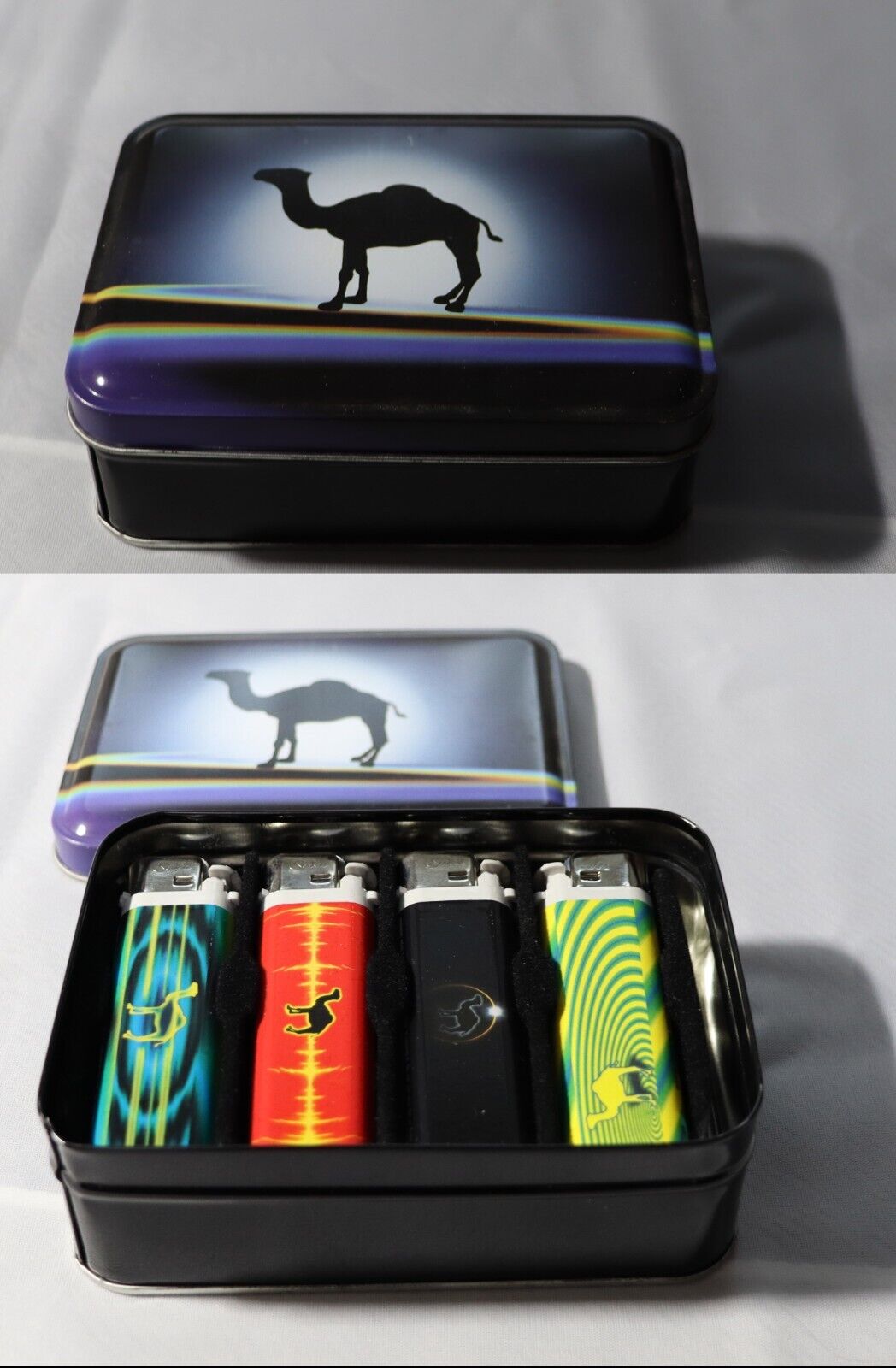 Vintage Camel rainbow tin with 4 disposable Scripto lighters RJRTC 1998