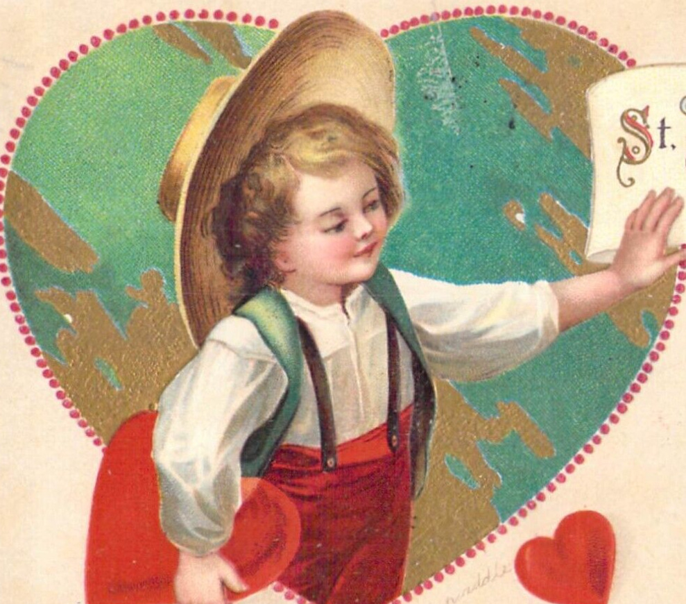 Valentines Greeting Boy Heart Overalls Victorial Clapsaddle Vintage Postcard A2