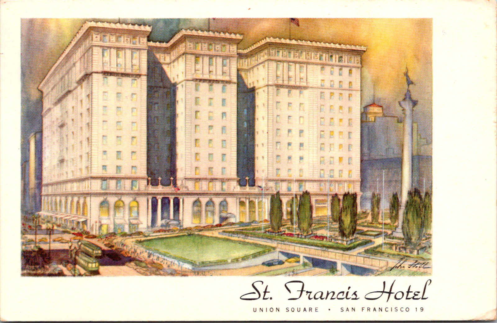 San Francisco California St. Francis Hotel Artist Render Vintage 1950s Postcard 