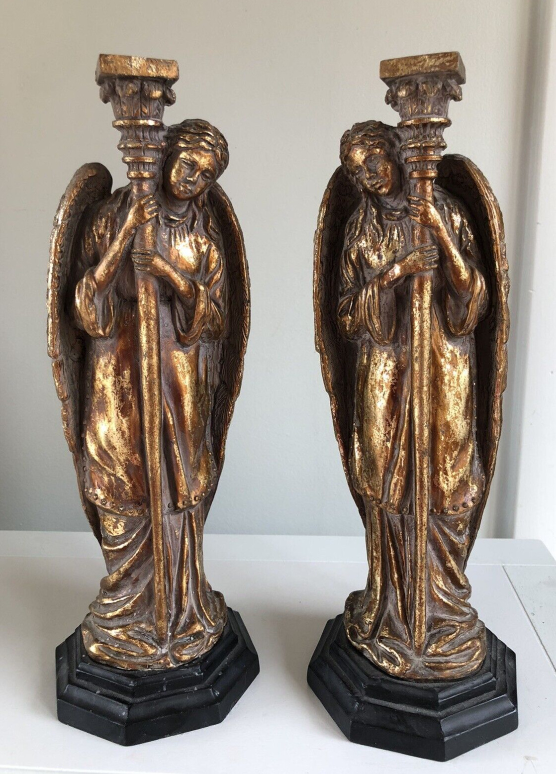 Vintage Pair Tall Heavy Gold-tone Angel Candle Holders 13.5\