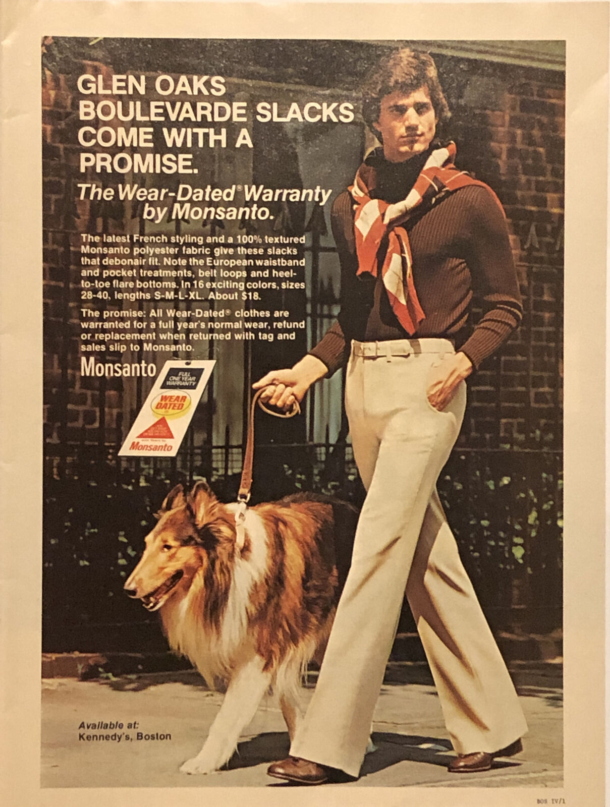PRINT AD 1975 Glen Oaks Boulevarde Slacks Monsanto Collie Dog Kennedys Boston MA