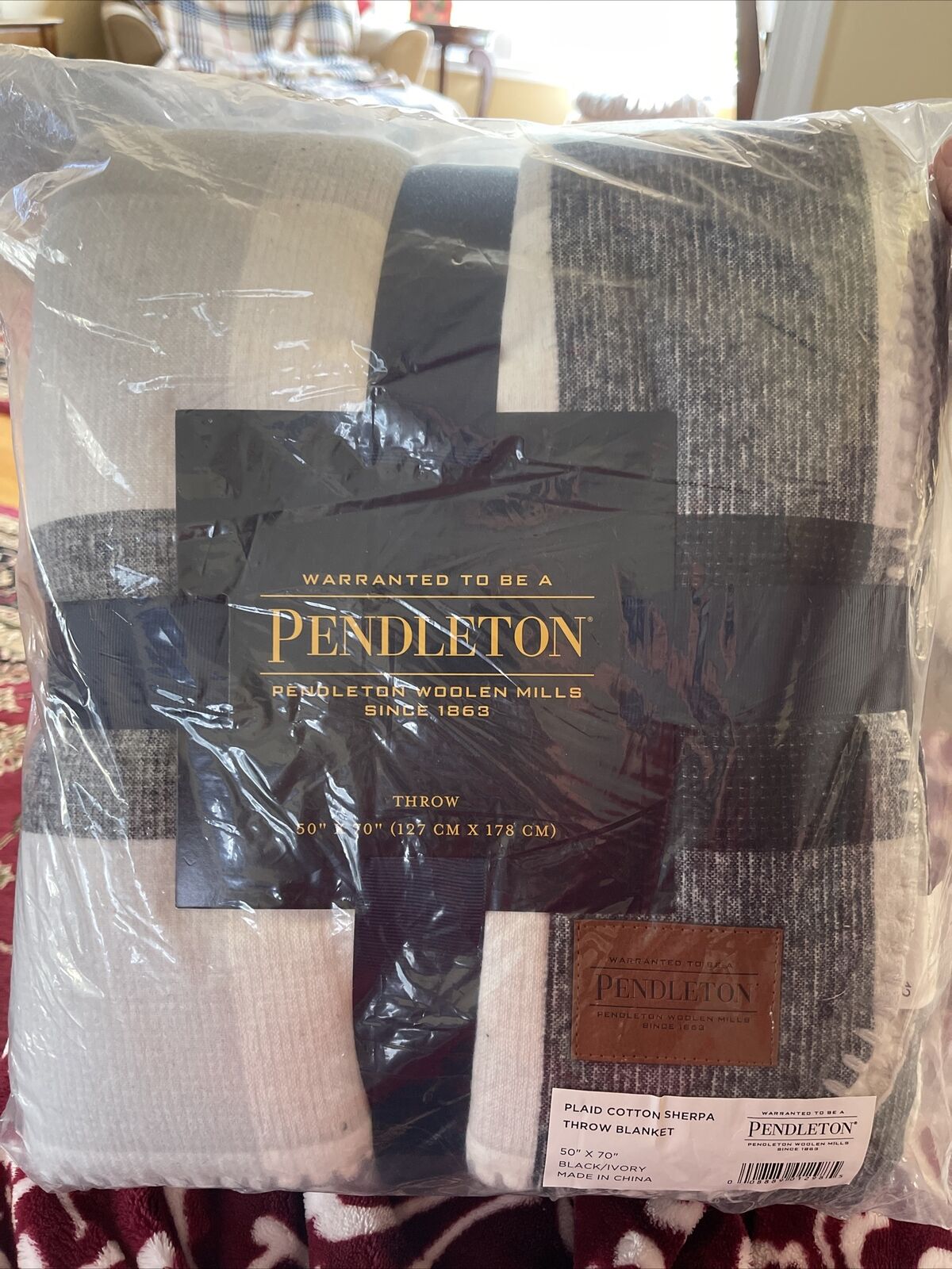 Pendleton Throw Blanket Plaid Cotton Sherpa Black Ivory 50\