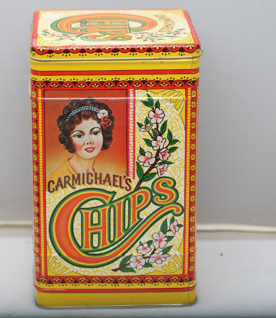 Vintage Carmichael\'s Chips Tin Retro Kitchen Canister 10 x 6.5 Hinged Cover