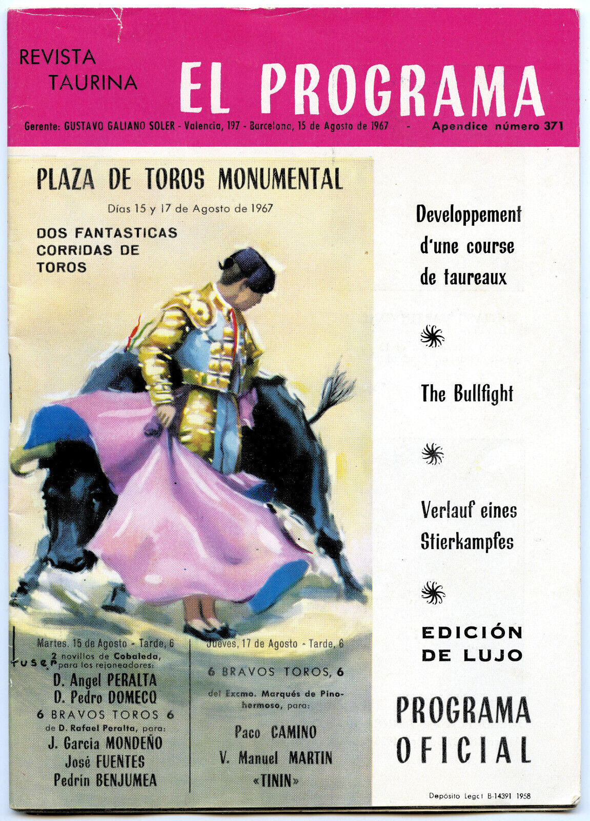 barcelona Spain Plaza De Toros Monumental El Programa 1967 Bullfighting Program
