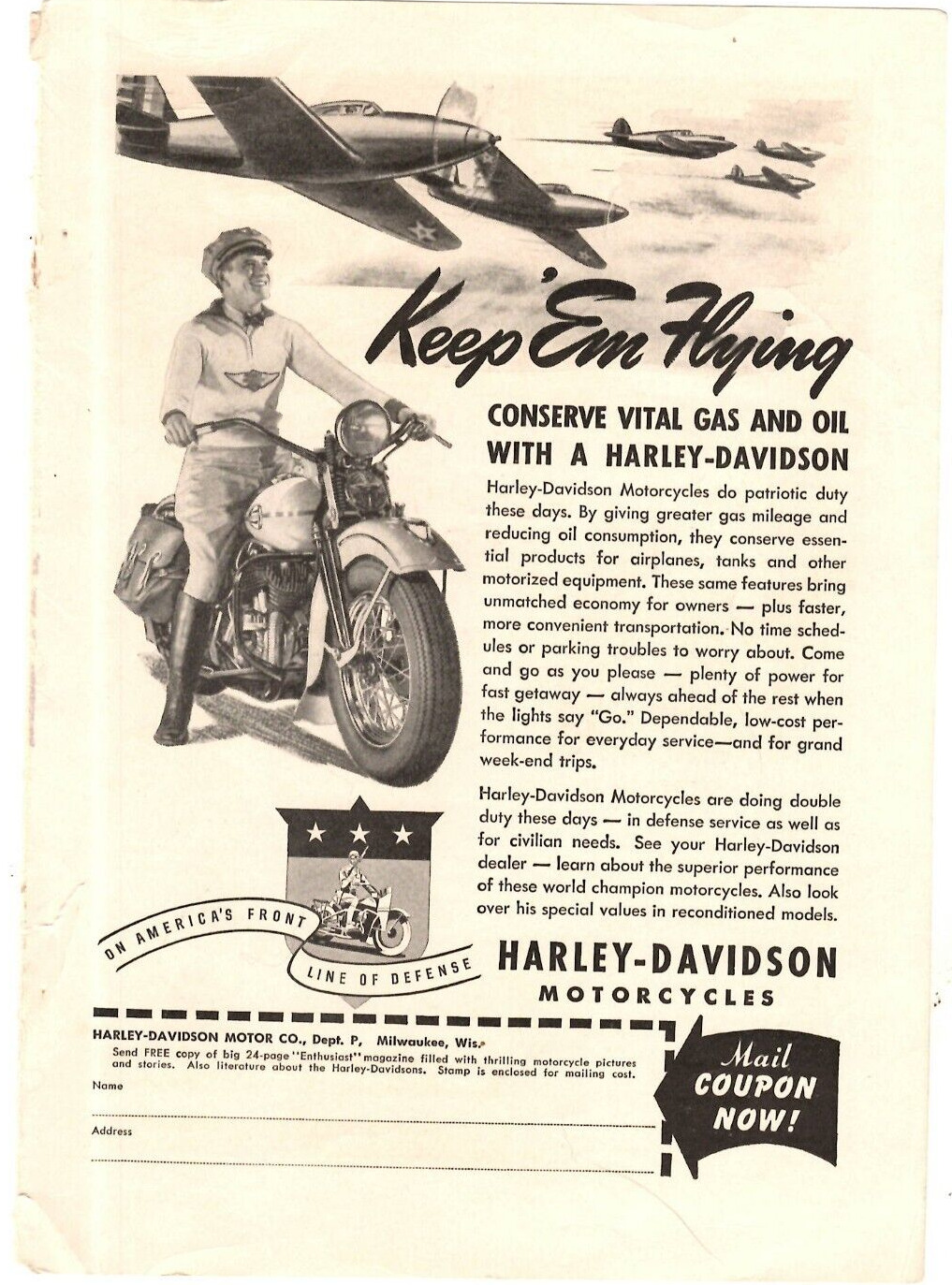 1942 Print Ad Harley-Davidson Motorcycle WWII Home Front Keep em \'Flying Planes