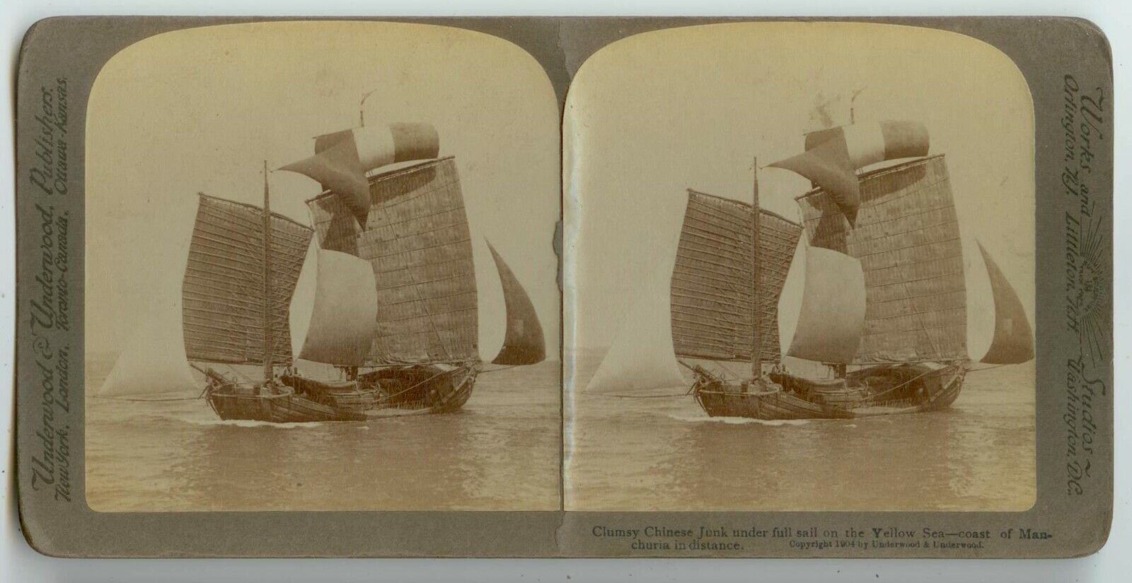 1904 Chinese Junk under sail off Coast of Manchuria China