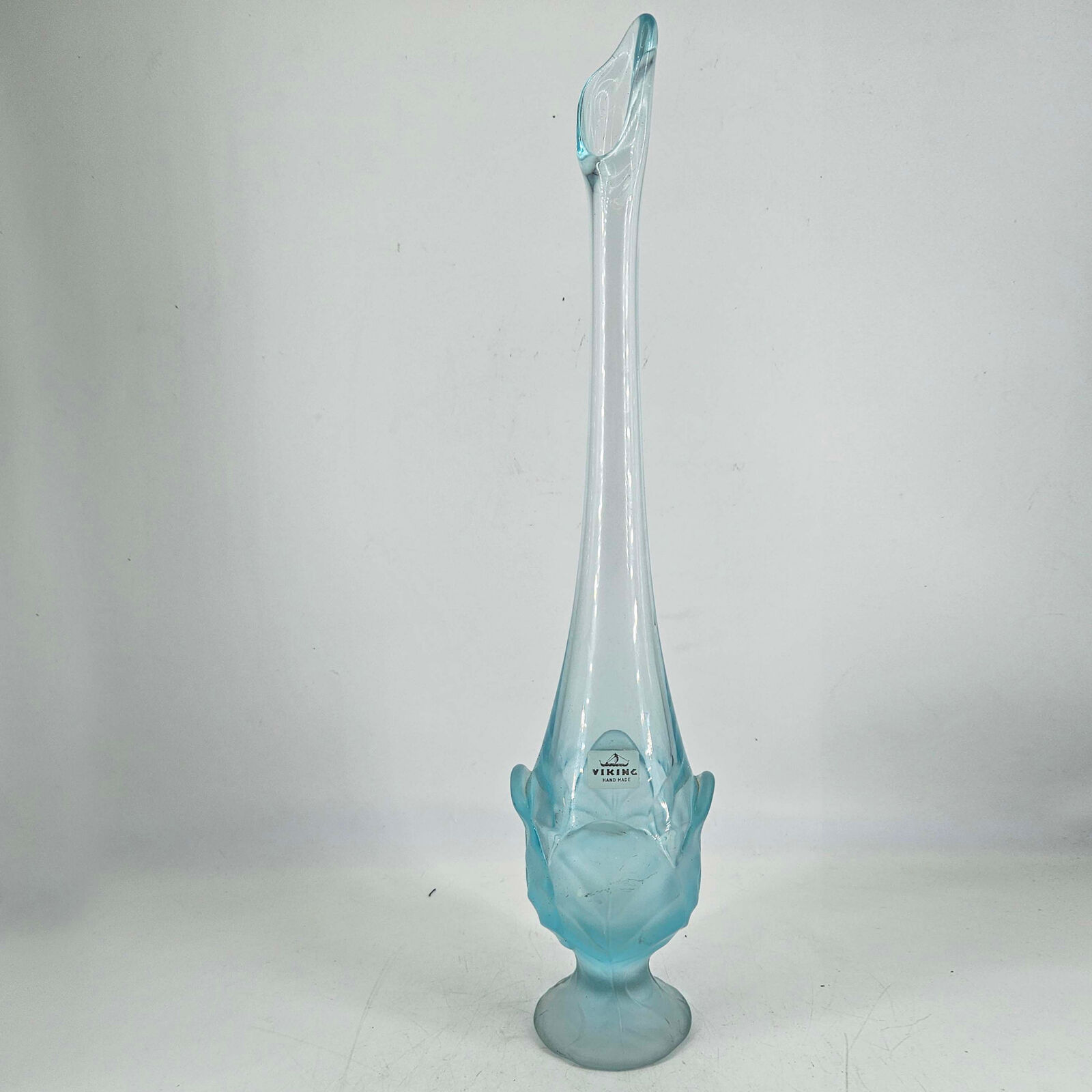VIKING Rare Vintage Aqua blue Frosted Satin Art Glass Swung Vase w sticker 17\