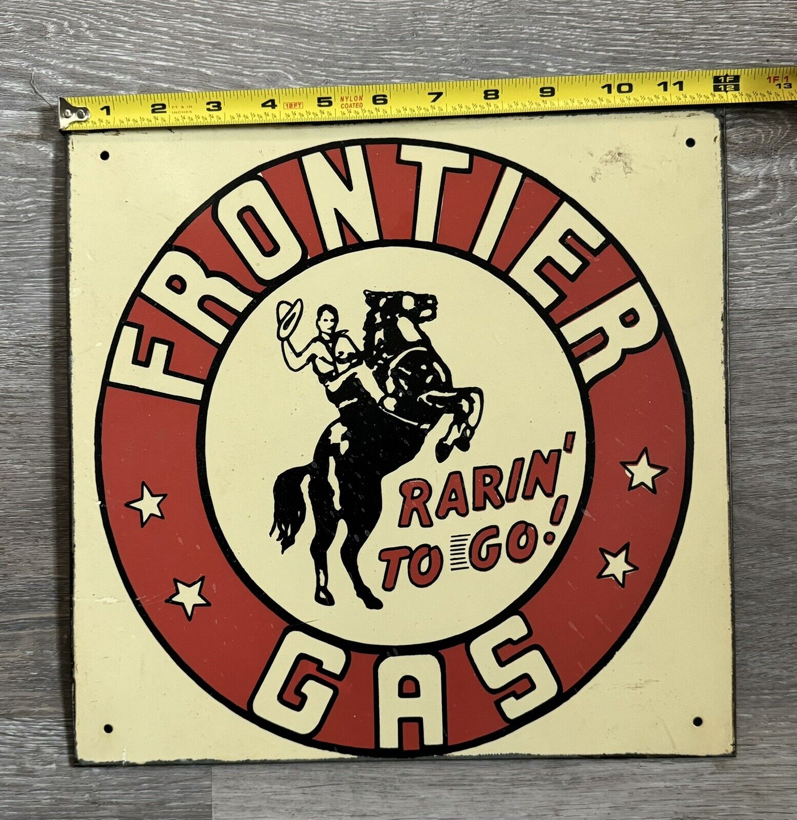 Vintage METAL Rarin\' to GO Sign Frontier Gas SQUARE 12x12\